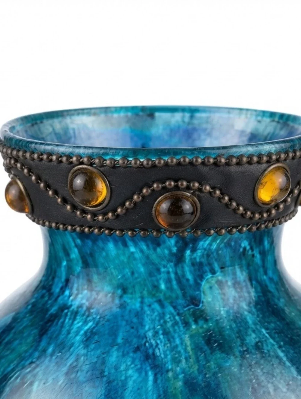 Boho Chic Art Glass Vases Teal & Gold Brushstroke, Amber Cabochon Trim, Set Of2